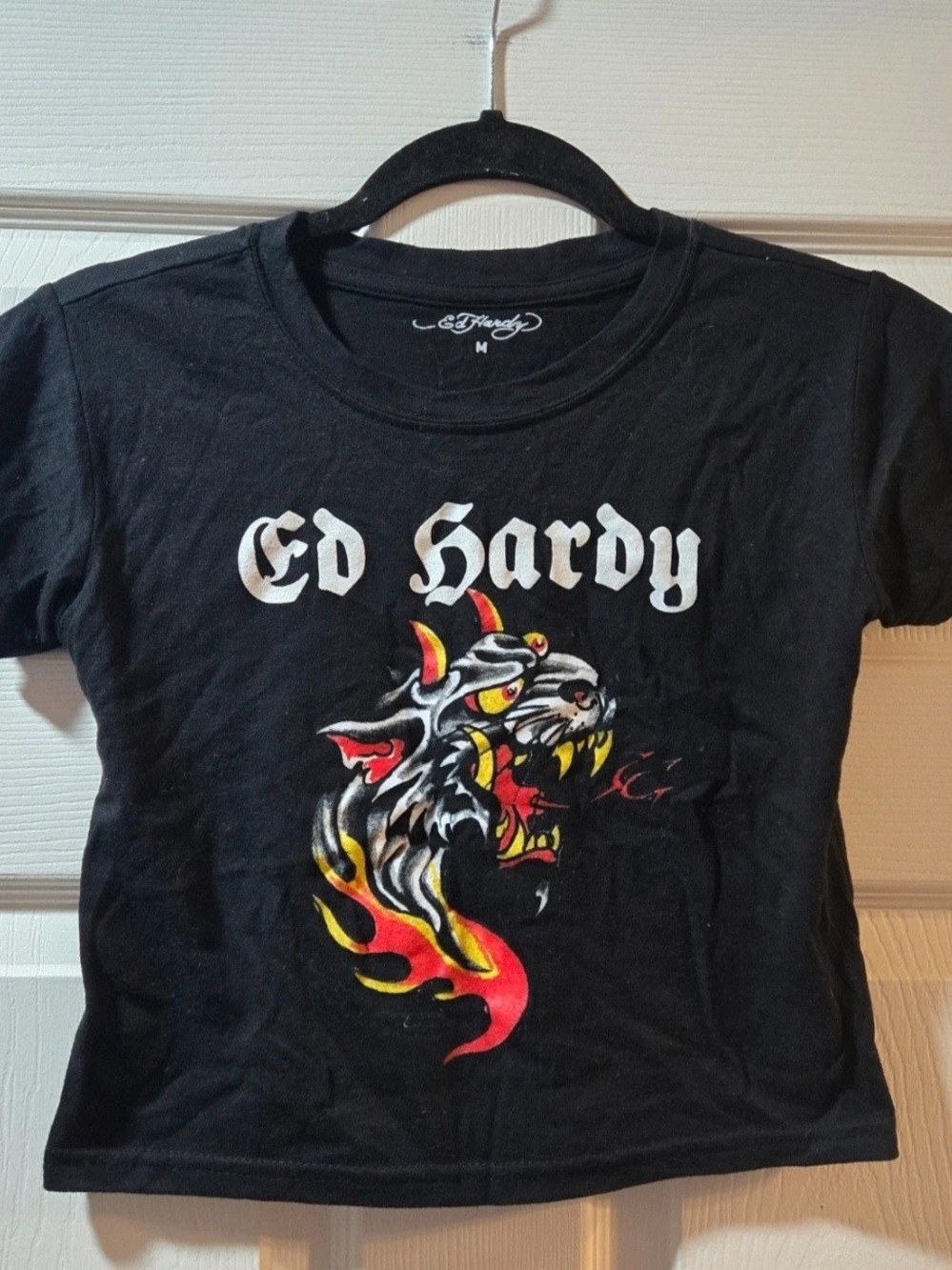 Ed Hardy Black Short-Sleeve Tee with Tiger and Flame Graphic